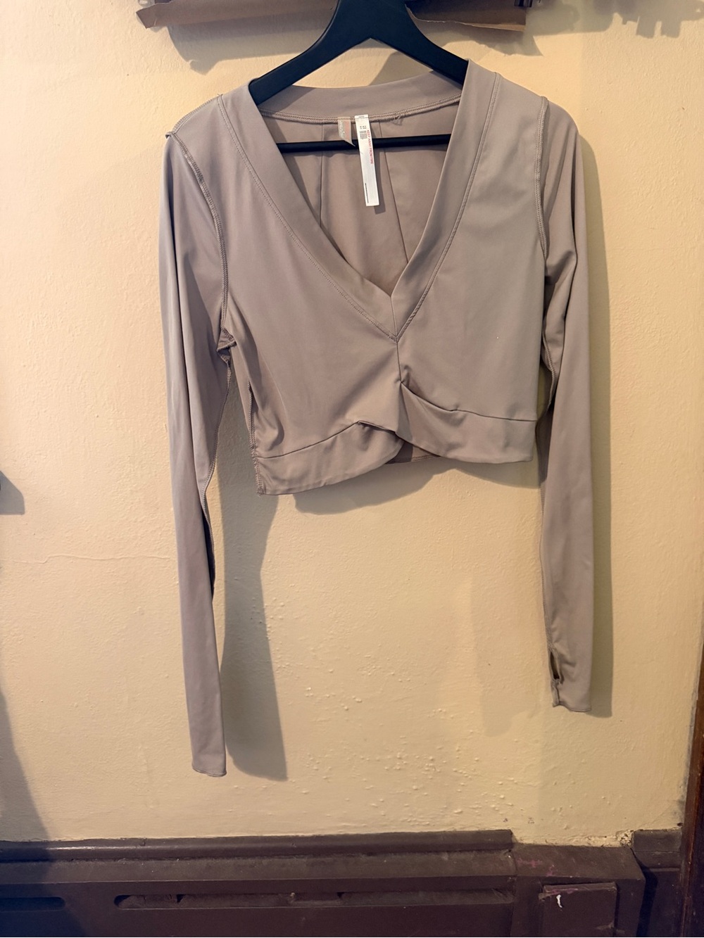 Free People Movement V-Neck Long Sleeve Cropped Top - Taupe